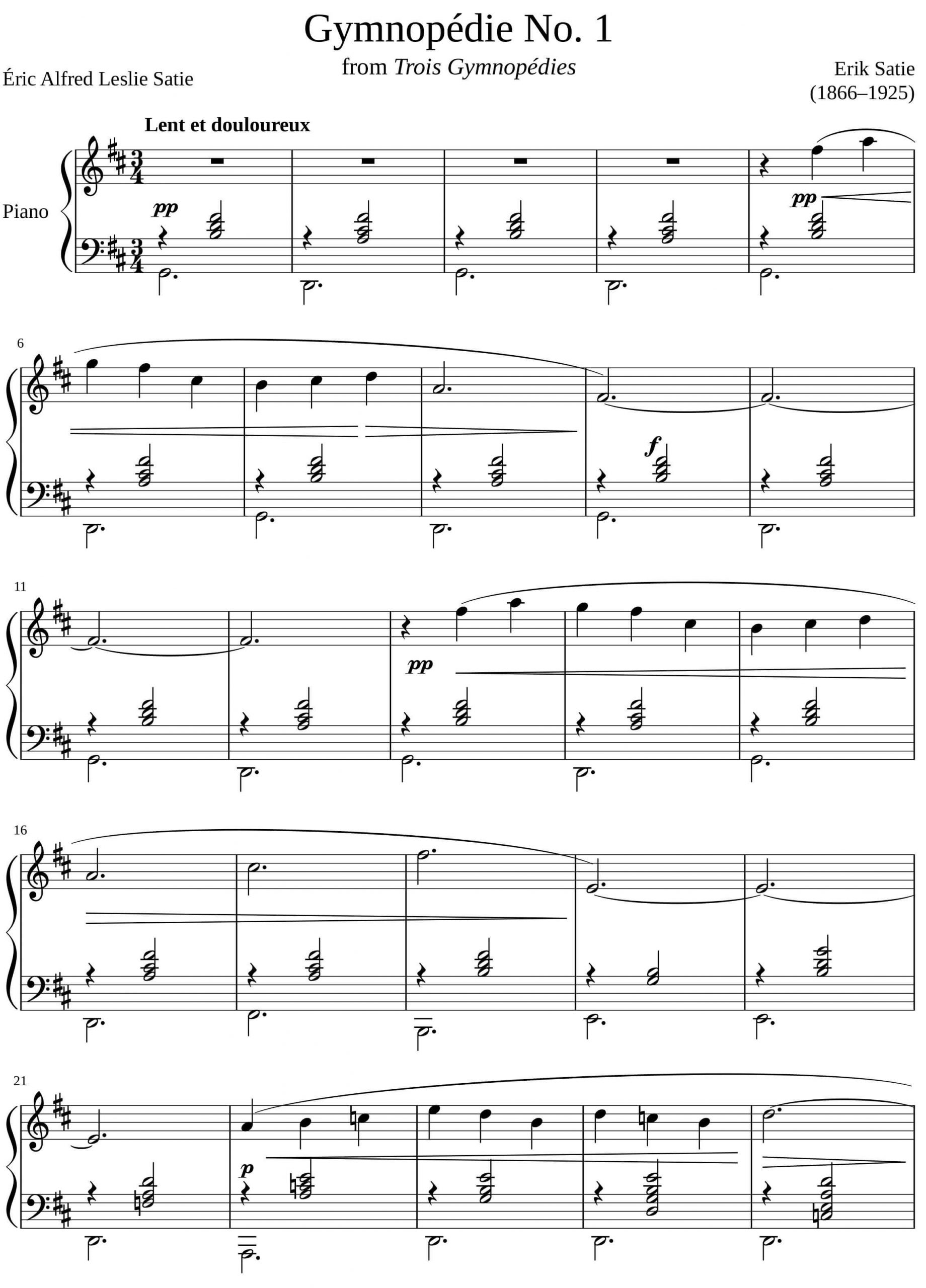Sheet piano Gymnopédie No. 1 | Erik Satie