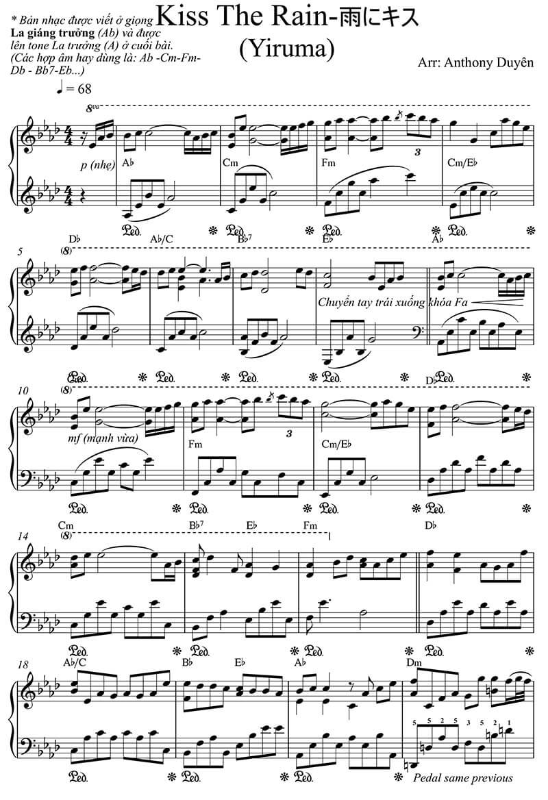 Sheet nhạc piano Kiss the rain | Yiruma